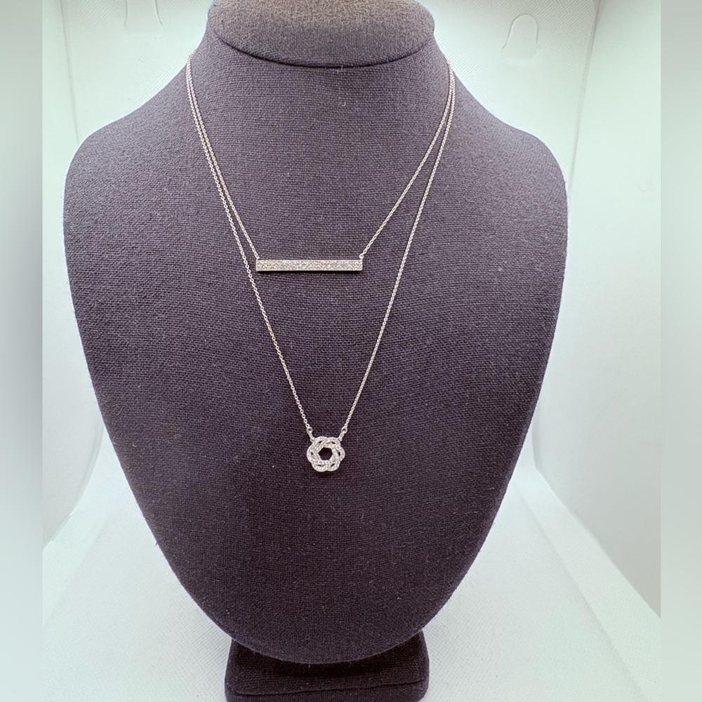 Set Of 2 Delicate Rhinestone Necklaces Silvertone Bar And Woven Circle Stackable